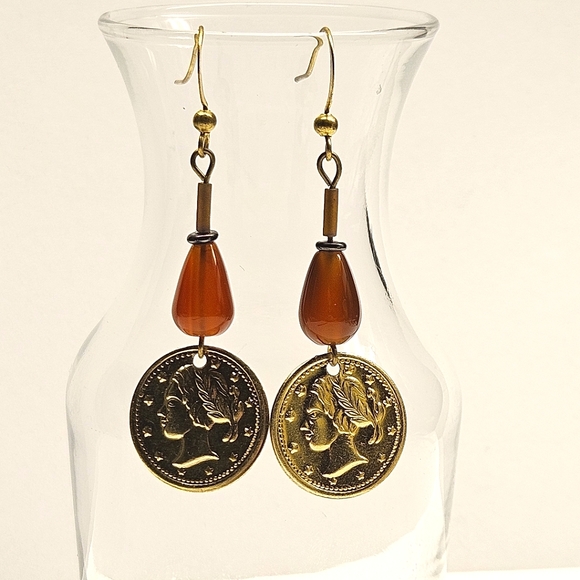 Red Agate Gold Coin Beaded Earrings - Picture 2 of 6